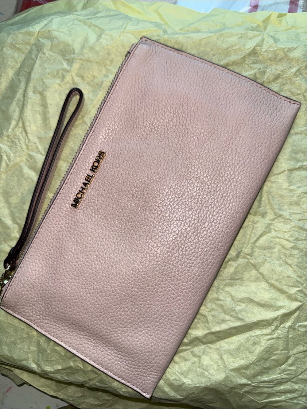 Michael Kors Pink Pebbled Leather Wristlet Clutch with Gold-Tone Logo